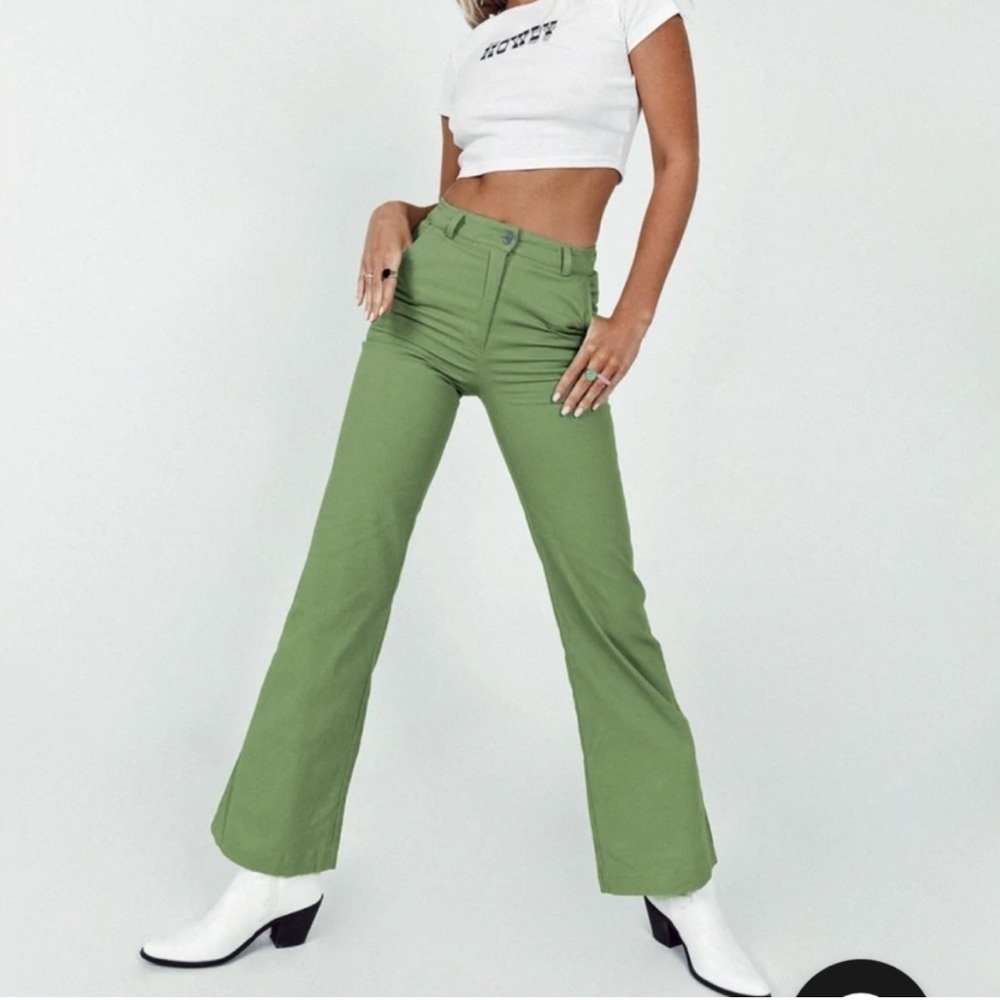 Princess Polly Carson High Rise Wide Leg Flare Boho Utility Khaki Pant Green 6